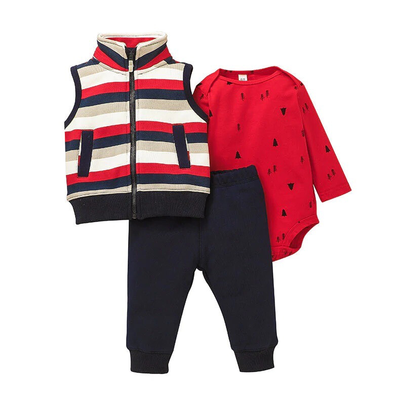 Long Sleeve Jumpsuit Striped Vest Pants 3-piece Set