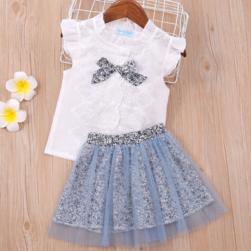 Girls Solid Color Sleeveless Top Mesh Flower Print Skirt Bow Set