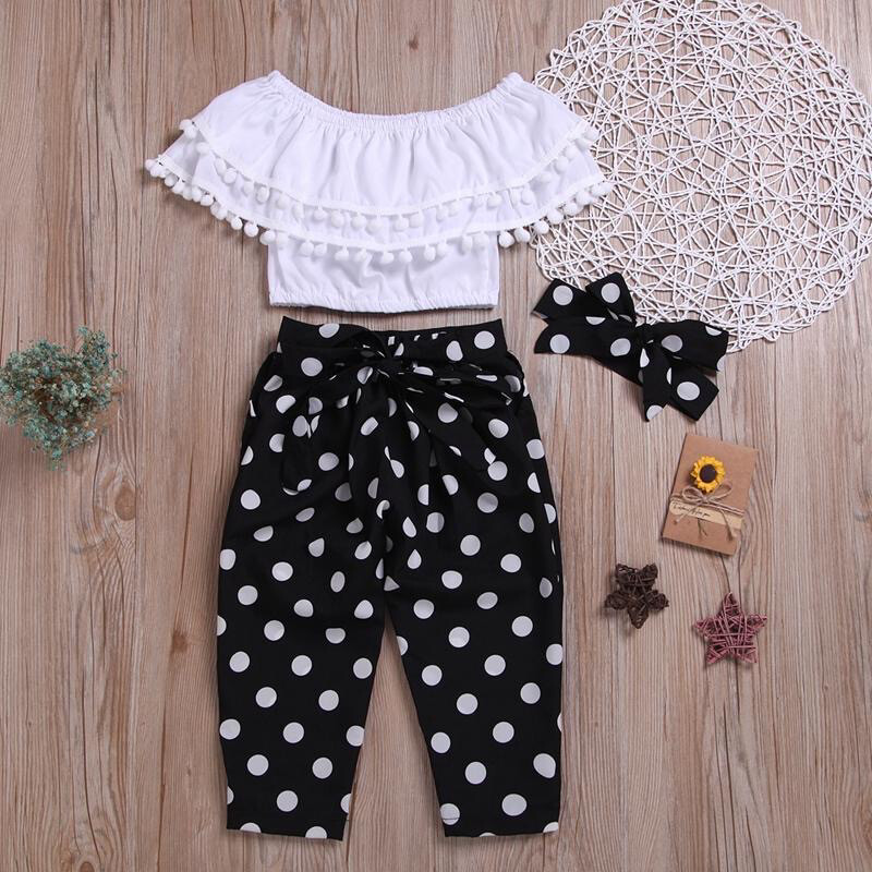 3-piece Solid Tassel Tops & Polka Dot Pants & Headband