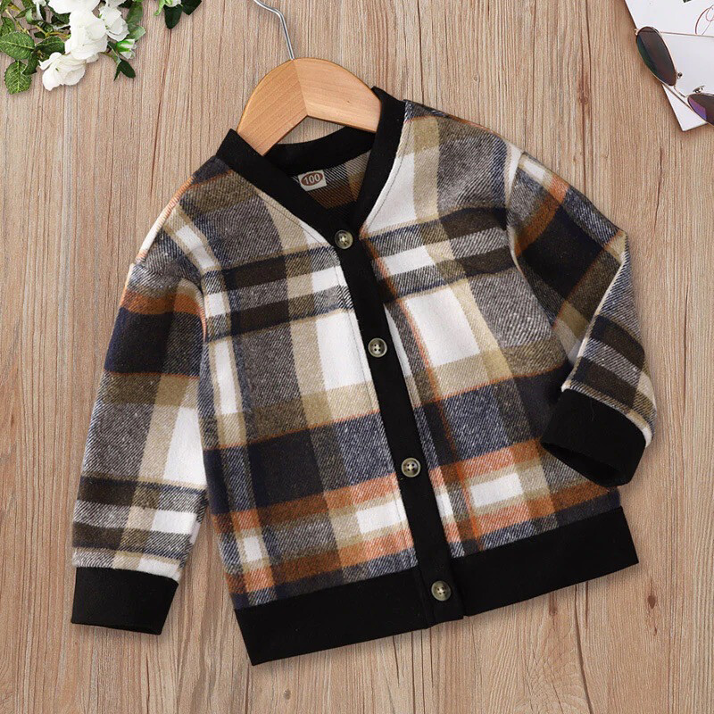 Boys Black Plaid Printed Button Cardigan Jacket