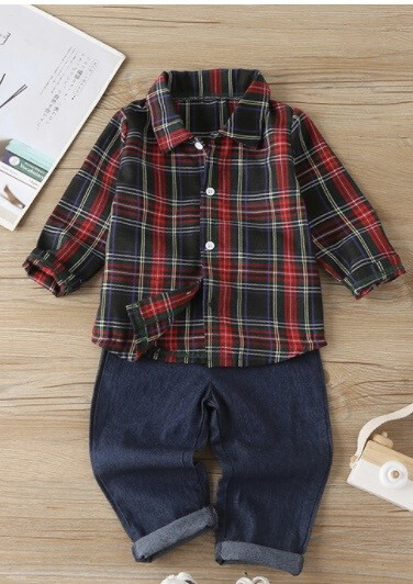 Boys Plaid Print Denim Pants Set