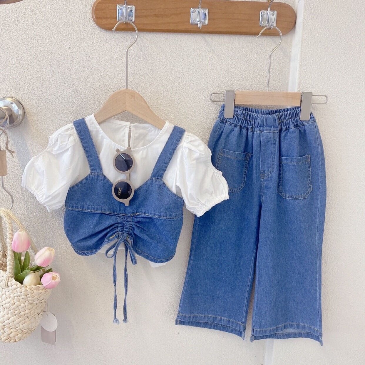 Three-Piece White Blouse & Denim Drawstring Cami Top & Wide Leg Pants Set