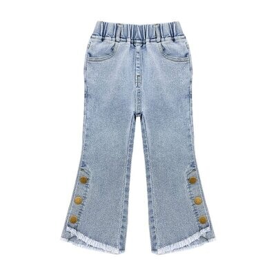 Button Denim Cropped Flared Pants