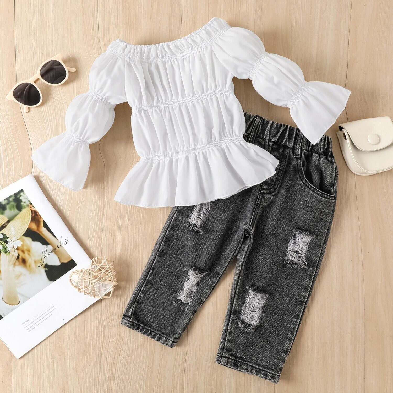 Pleated Puff-Sleeve Long-Sleeve Top And Ripped Jeans