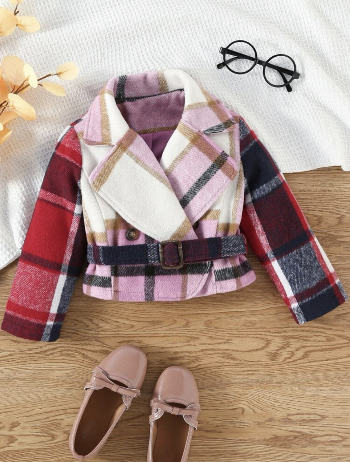 Girls Multi Plaid Print Belted Jacket