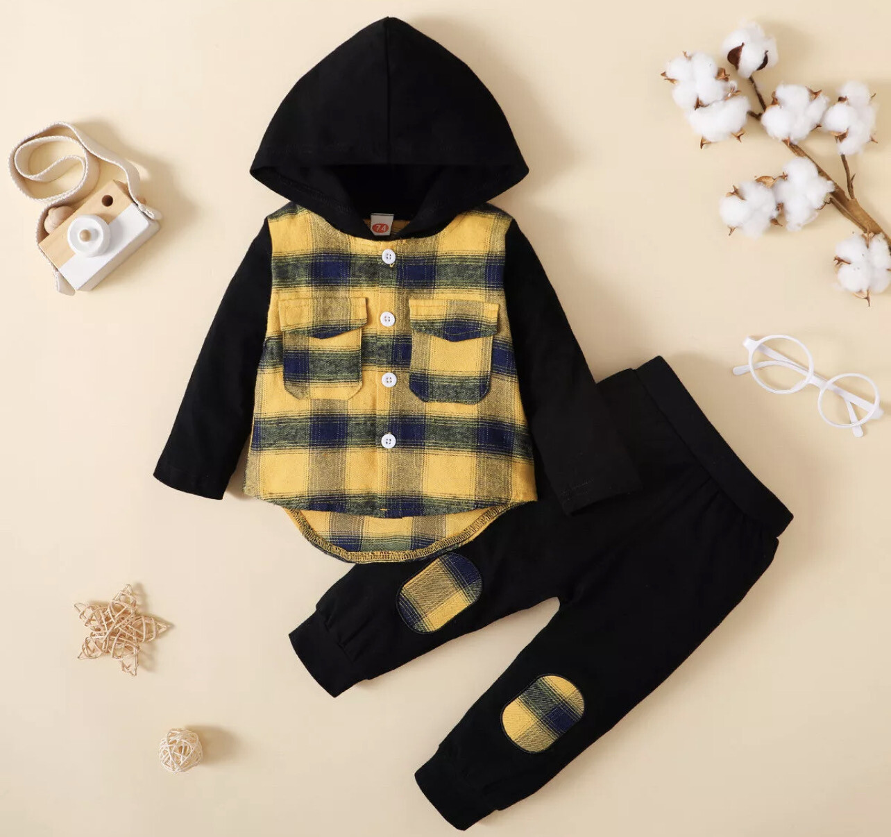 2-piece Baby Boy Plaid Patchwork Hooded Set