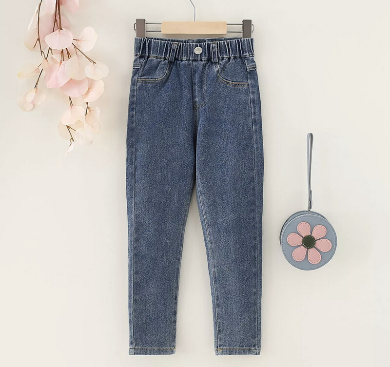 Girl Solid Color Elasticized High Waisted Denim Pants