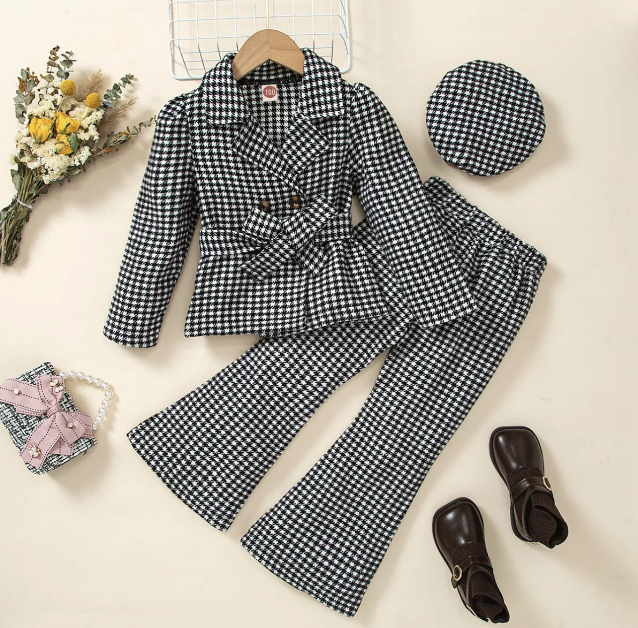 Houndstooth Button-up Blazer & Matching Flare Pants & Bowknot Belt & Beret