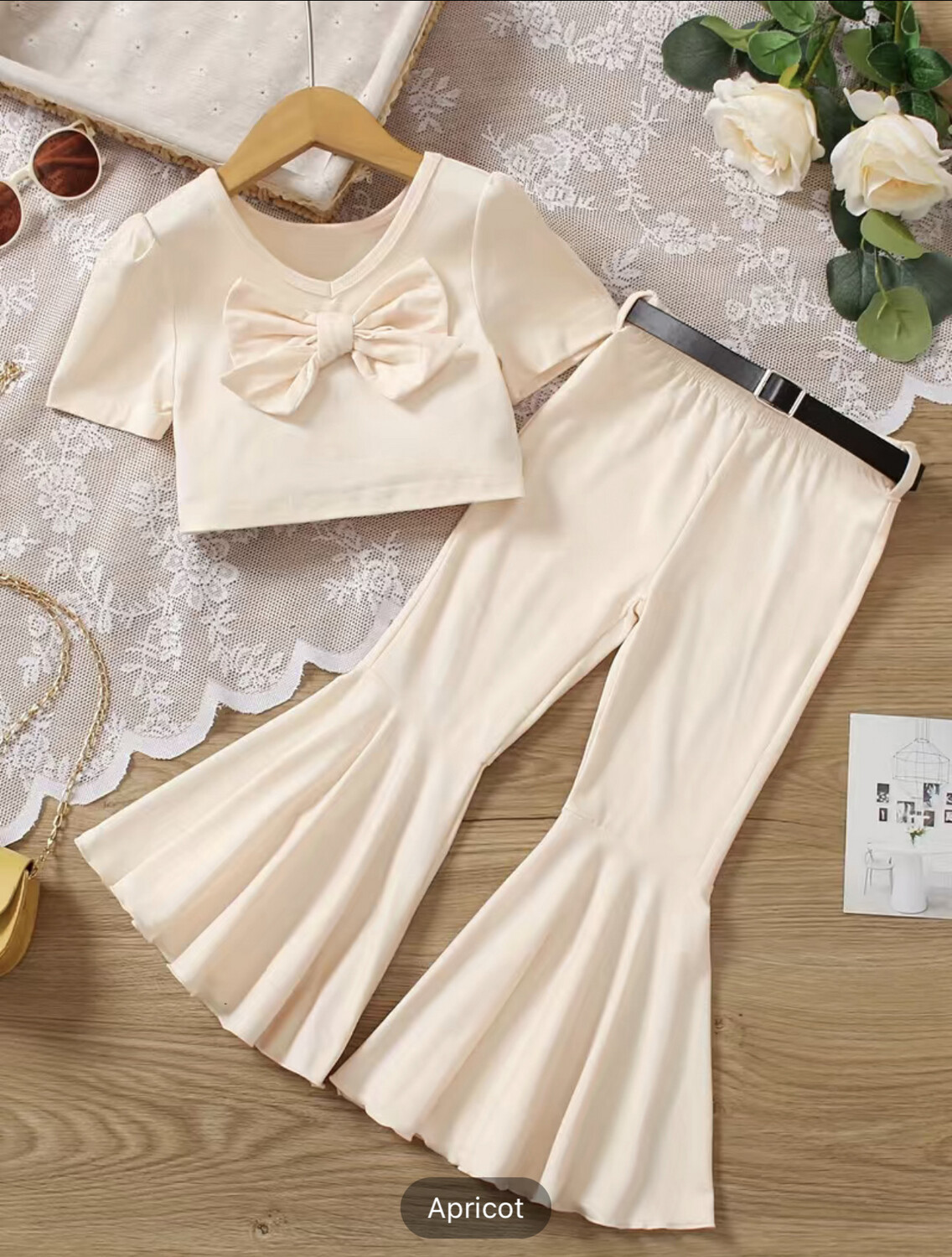 Girls V-neck Bow Front Crop Top & Belted Flare Leg Pants Set