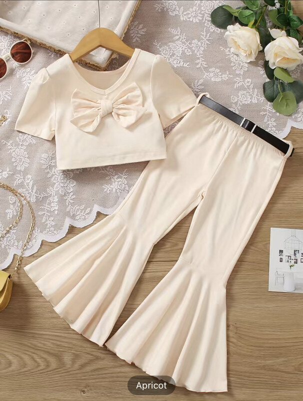 Girls V-neck Bow Front Crop Top & Belted Flare Leg Pants Set
