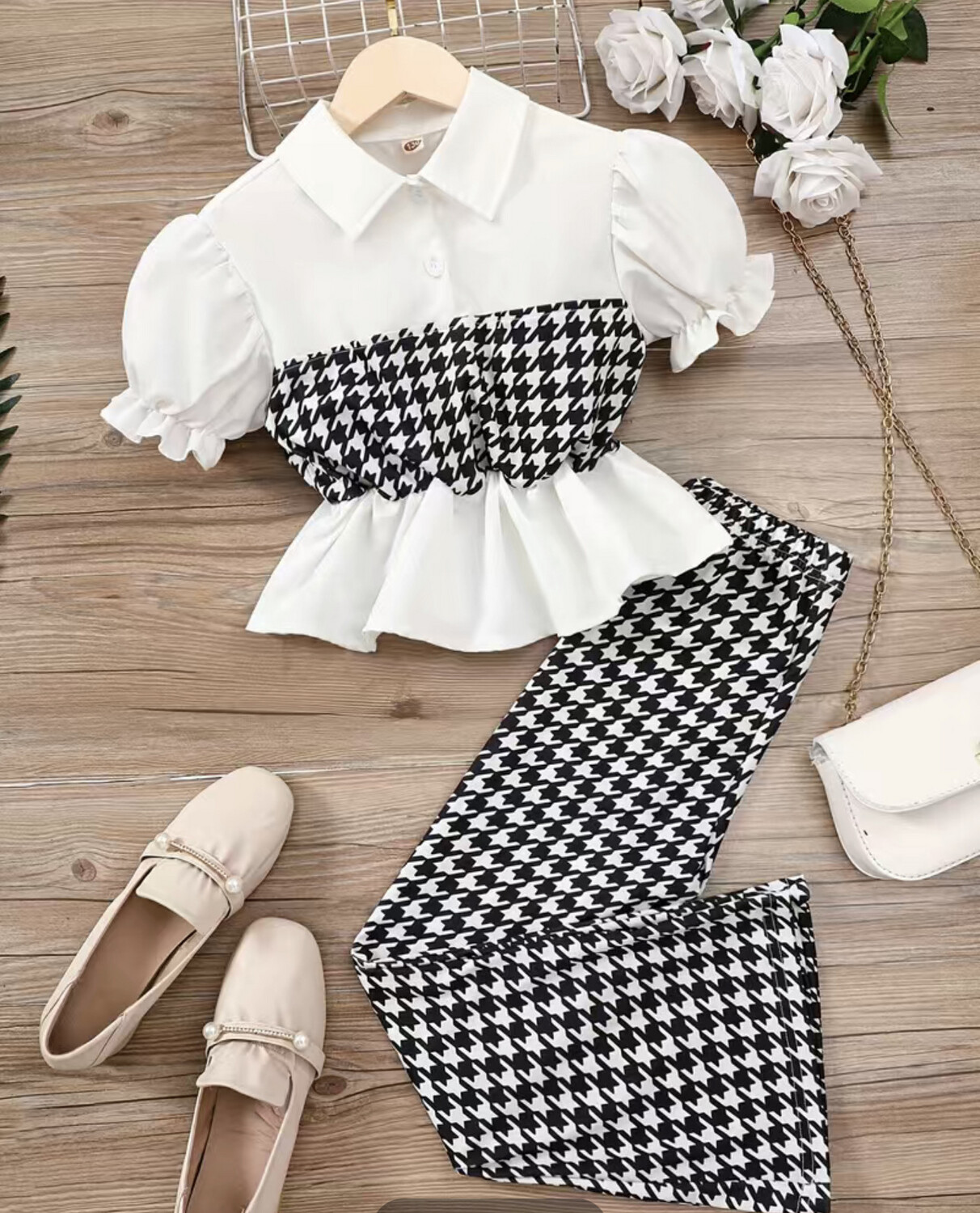 Girls Puff Sleeve Button Ruffled Hem Blouse & Houndstooth Flare Leg Pants Set