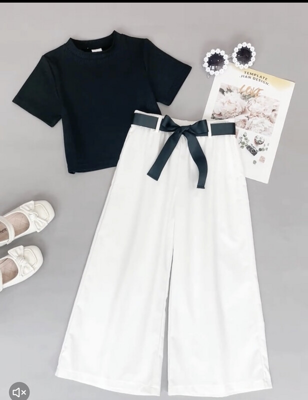 Ribbed Round Neck Short Sleeve Top + Wide Leg Pants