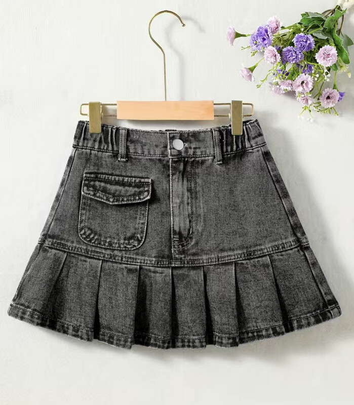 Girls Casual Elastic Waist A-Line Pleated Denim Skirt - Black