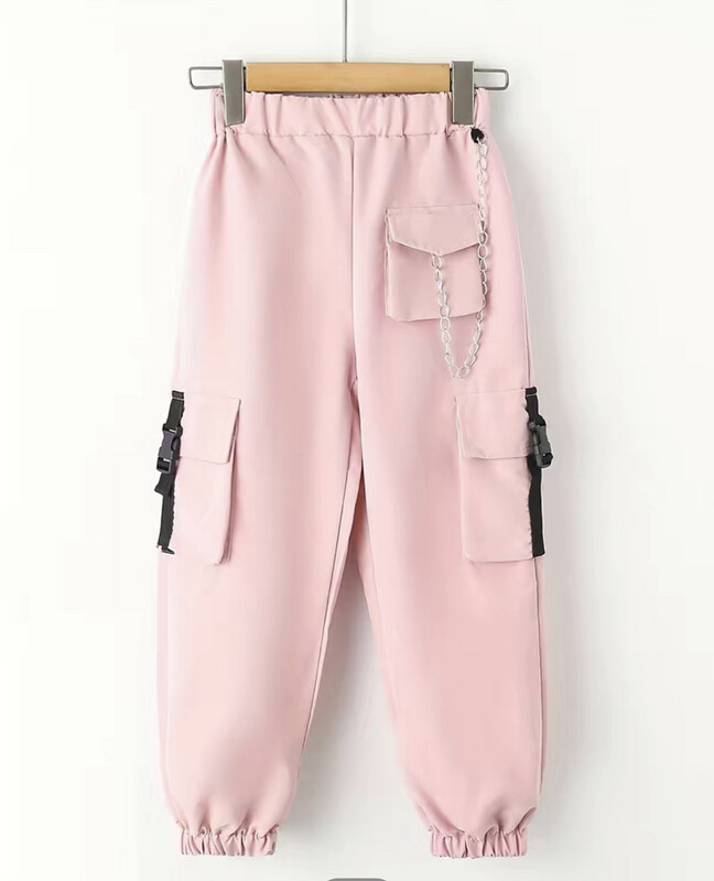 Stylish Girls' Cargo Pants with Flap Pockets and Detail Tape Chain-Pink