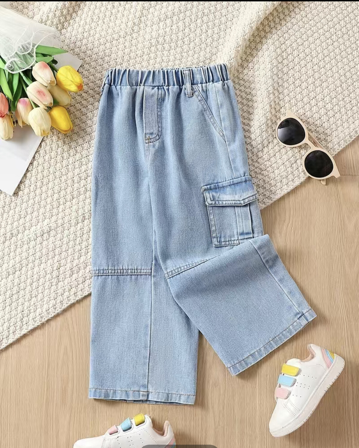 Girls Functional Pockets Baggy Fit Wide Leg Denim
