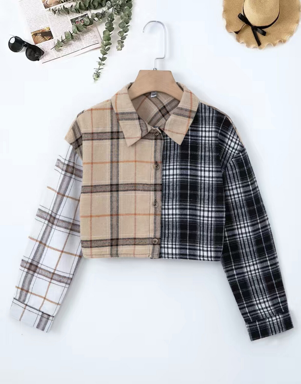 Girl's Patchwork Truncated Lapel Plaid Shirt