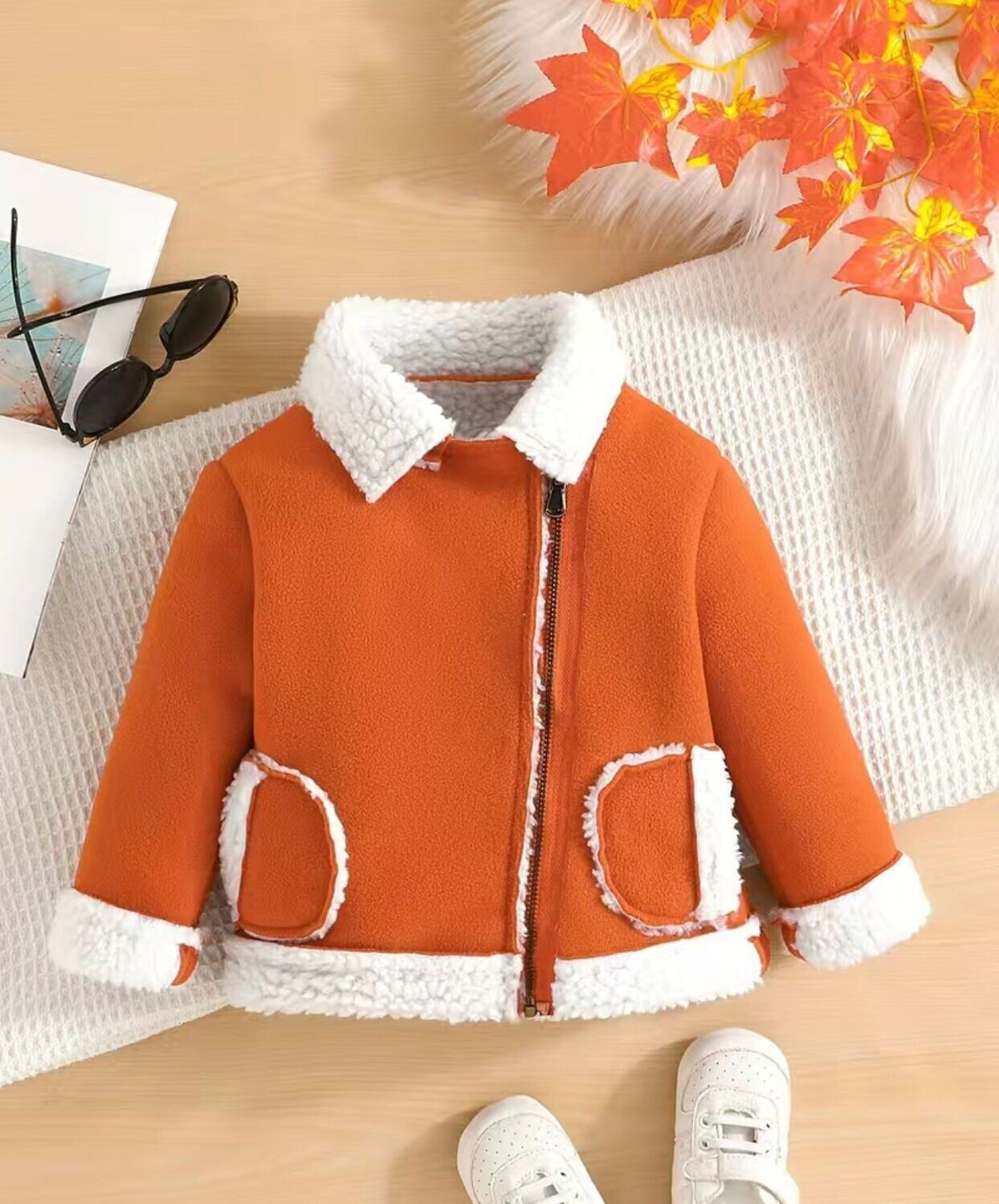 Stylish Slant Fleece Coat- Orange