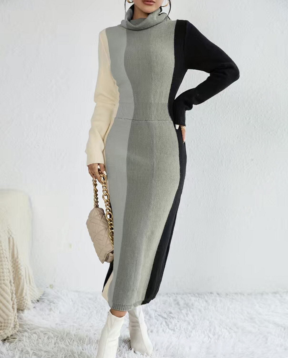 Color Block Rib Knit Sweater Dress