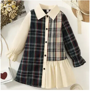 Splicing Plaid Long Sleeve Lapel Dress