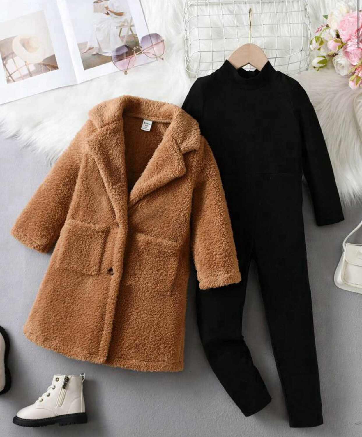 Pocket Teddy Coat & Mock Neck Jumpsuit