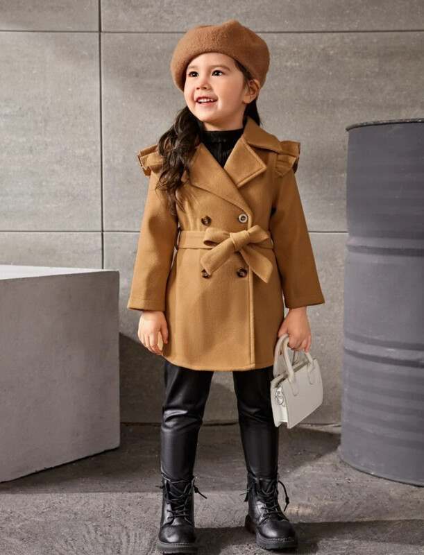 Ruffle Trim Double Breasted Belted Coat- Carmel