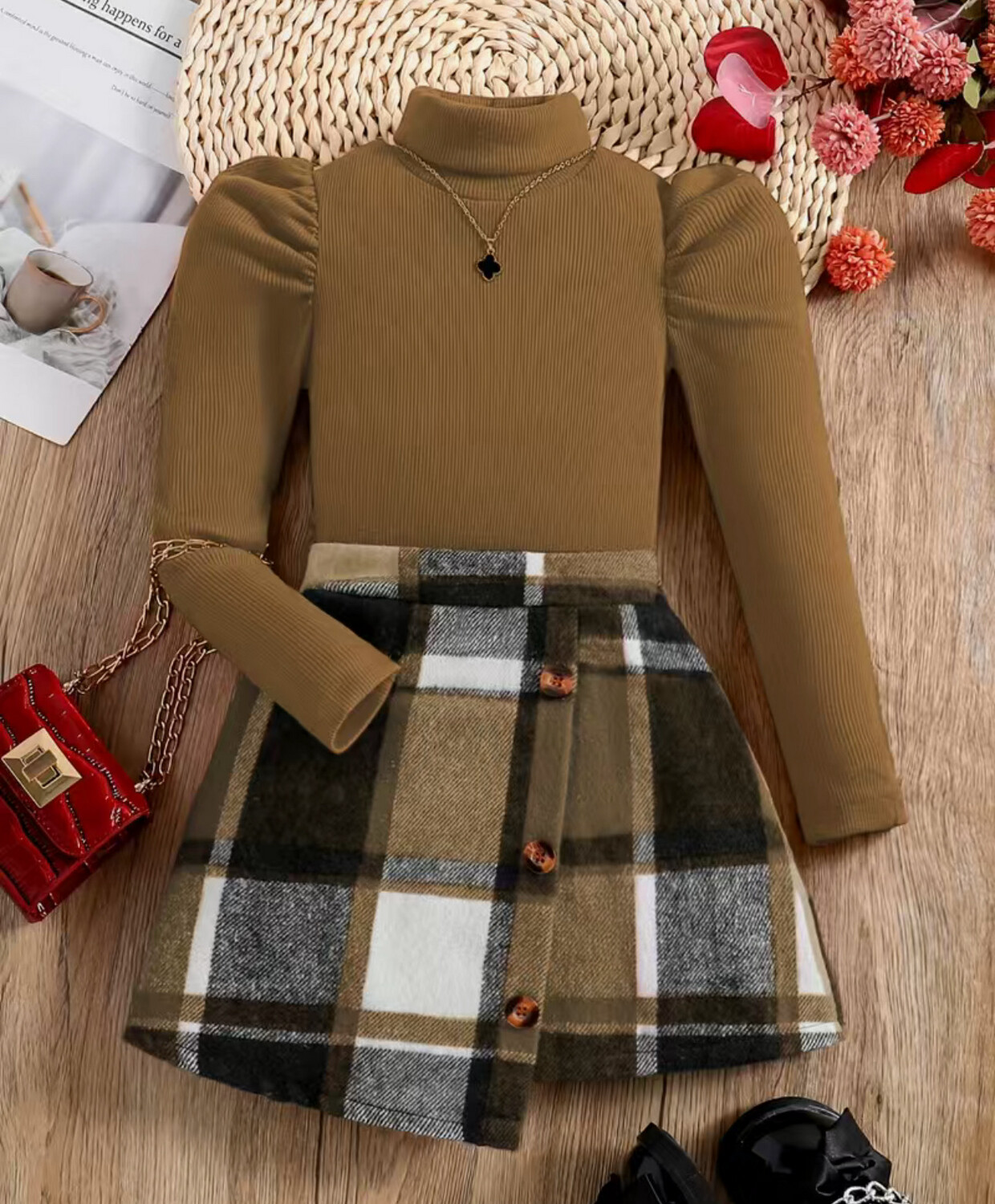 Turtleneck Top & Plaid Pattern Skirt