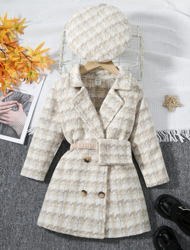Houndstooth  Double Breasted Belted Coat & Hat