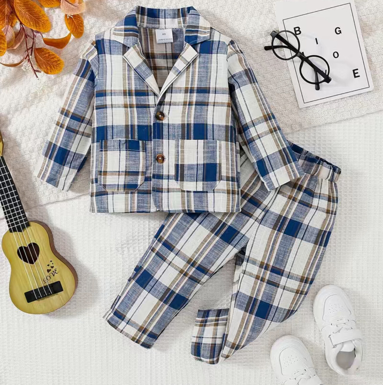 Boys Stylish Plaid Lapel Long Sleeve Blazer Trousers Set