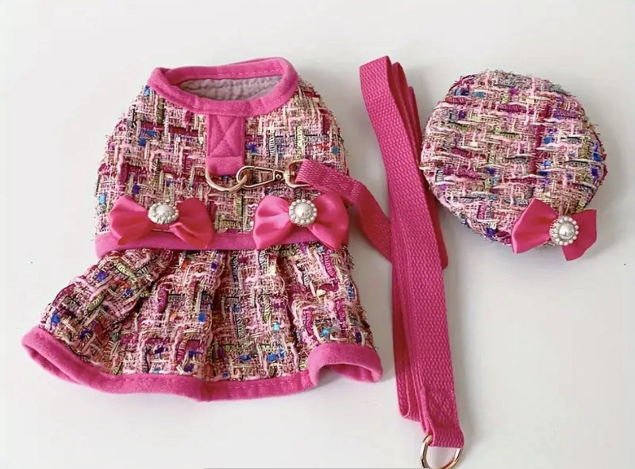 3pcs Luxury Dog Harness Skirt Set with Beret