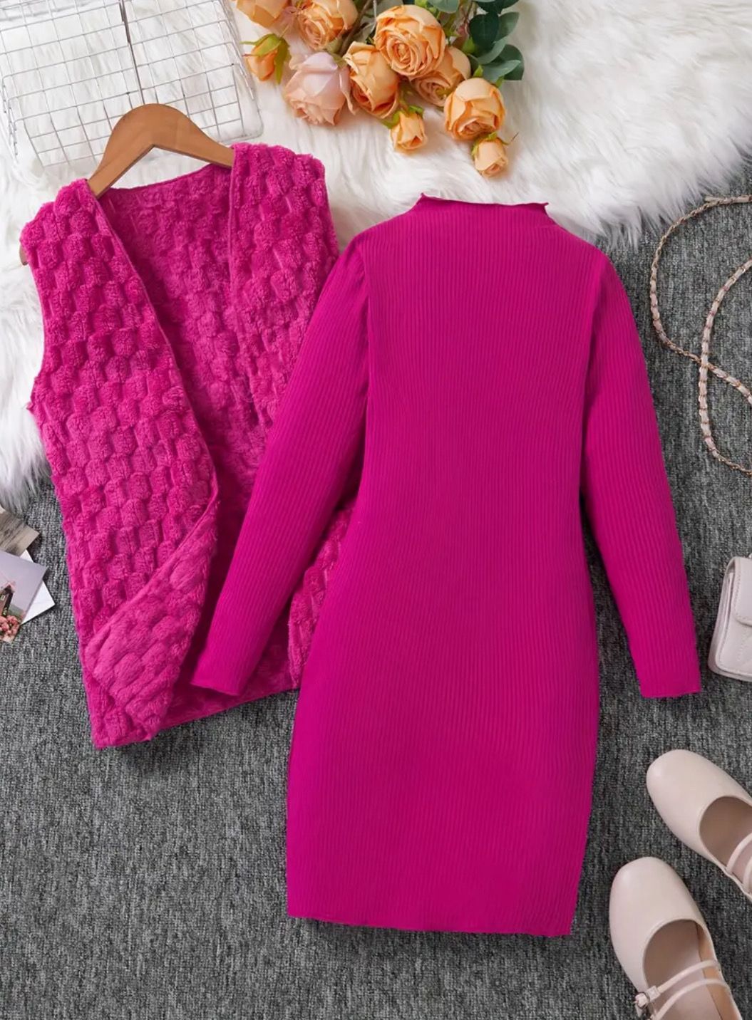 2pcs set Fleece Vest + Long Sleeve Knit Dress