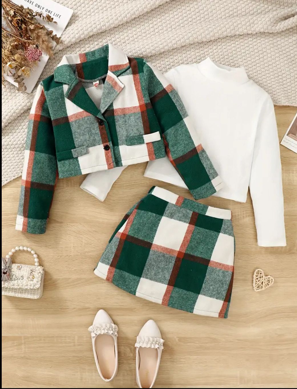 Girl's Long-Sleeve Lapel Jacket Coat + Skirt Plaid Set