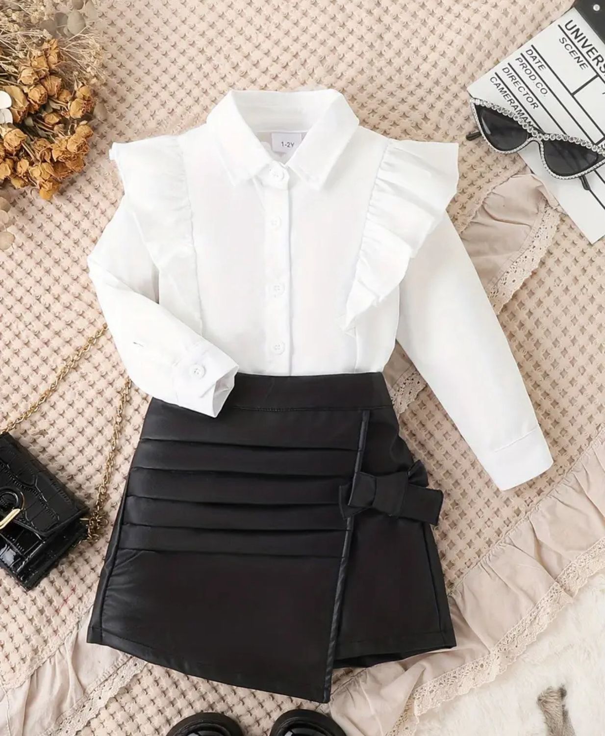 Elegant Flounce Long-Sleeve Lapel Shirt + Chic Skort Set