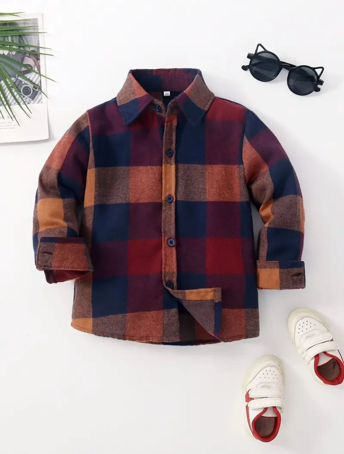 Boys' Classic Plaid Long Sleeve Shirt -Burgundy