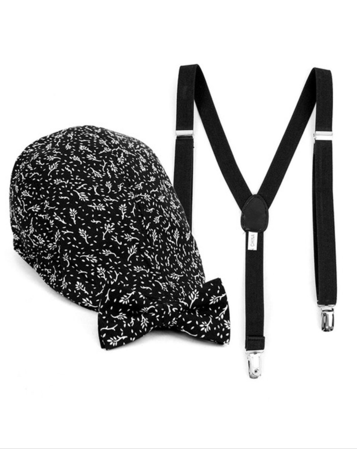 Clip-on Black Suspender,  Pattern Ivy Hat & Matching Bow Tie Set- Black