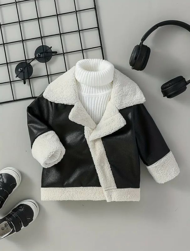 Boys Black Faux Leather & Fleece Blend Coat