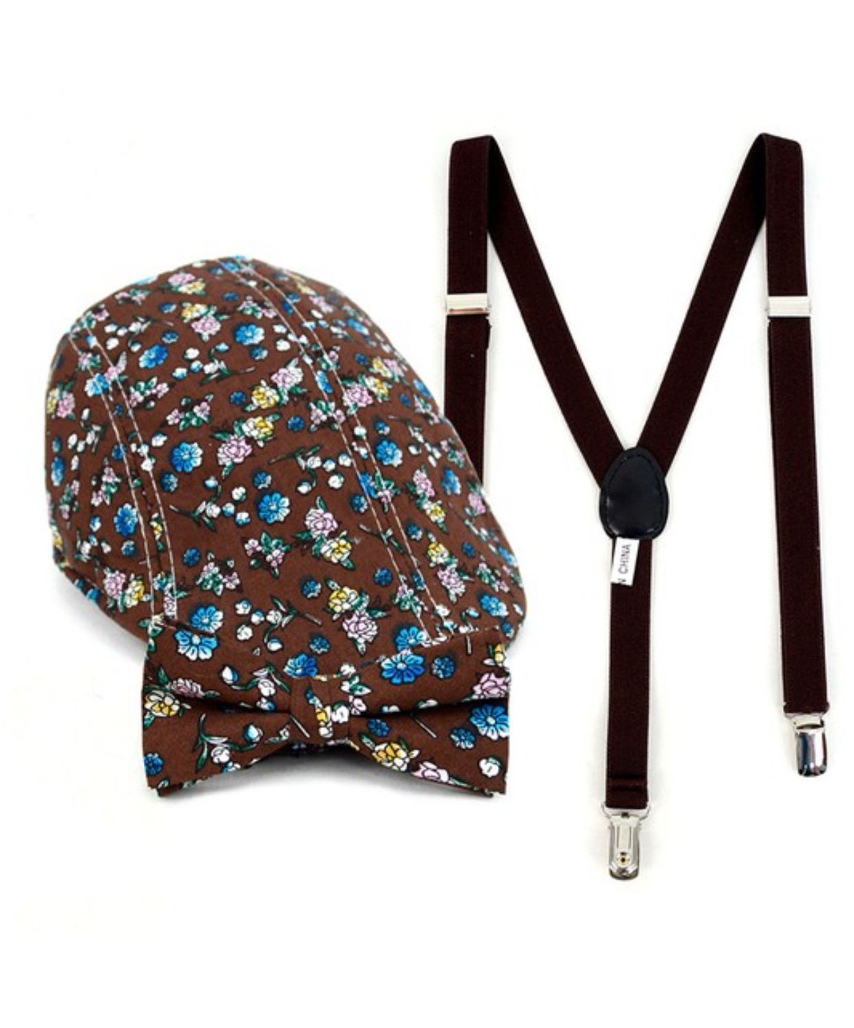 Clip-on Brown Suspender,  Pattern Ivy Hat & Matching Bow Tie Set- Brown