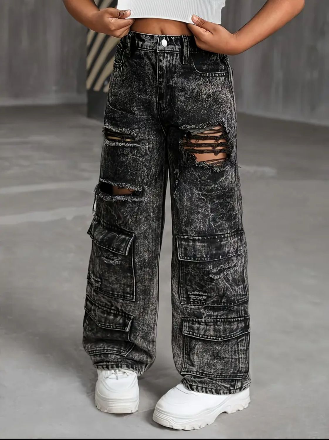 Distressed Ripped Cargo Pants for Girls - Baggy Fit