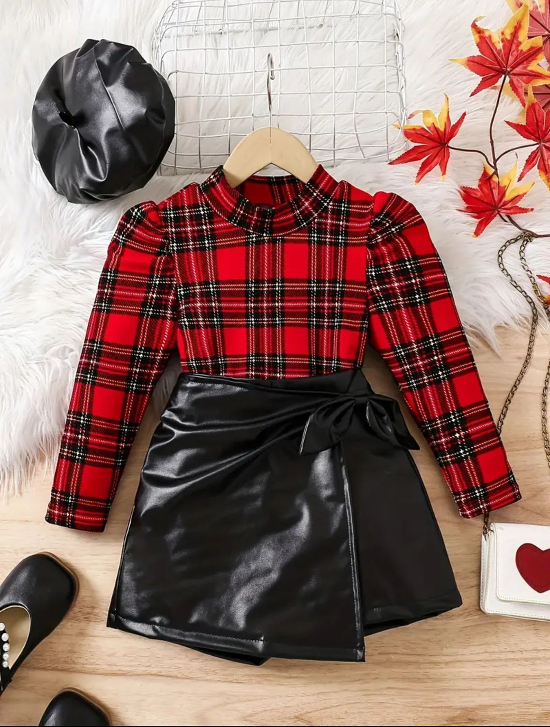 Elegant Plaid Knit Top and Leather Skirt Set