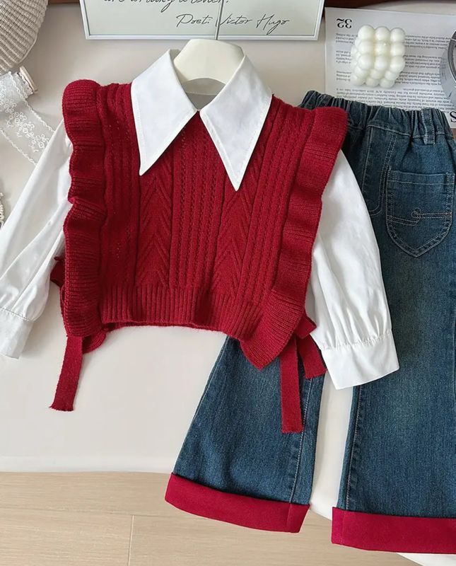 three-piece Fleece vest and wide-leg jeans