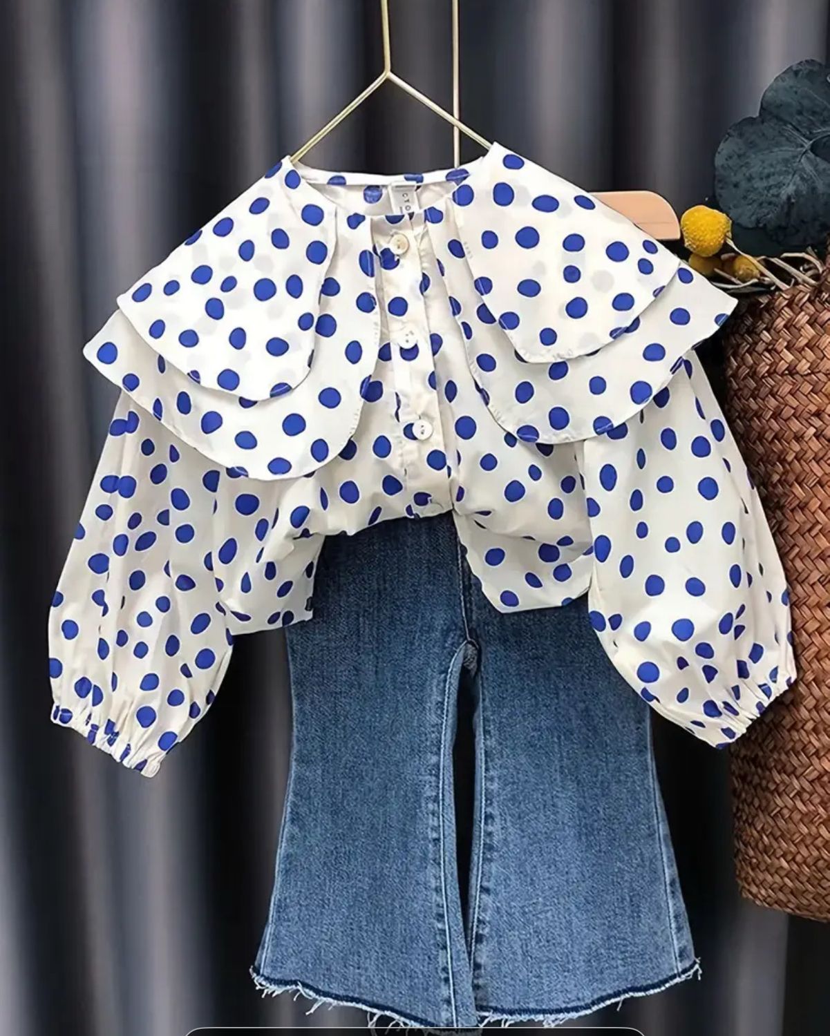 Girls Polka Dot Peter Pan Collar Shirt And Jeans Set