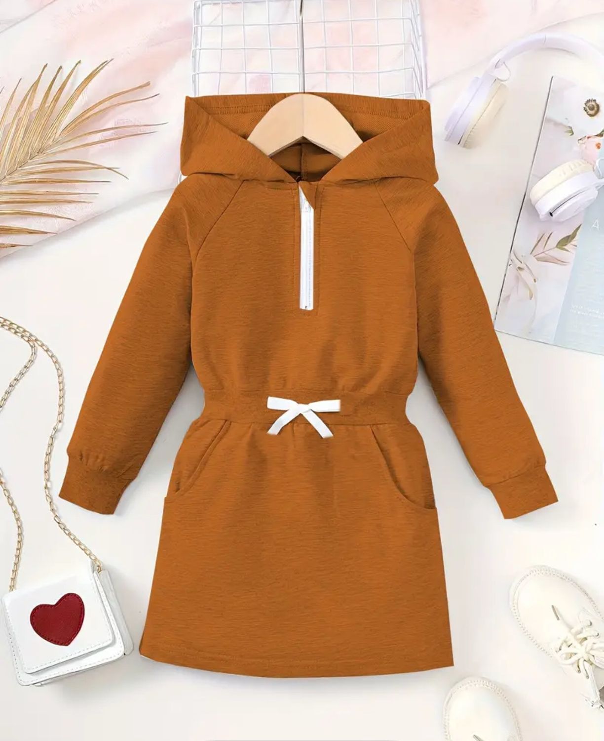 Girls Hoodie Dress with Elastic Waist & Pockets