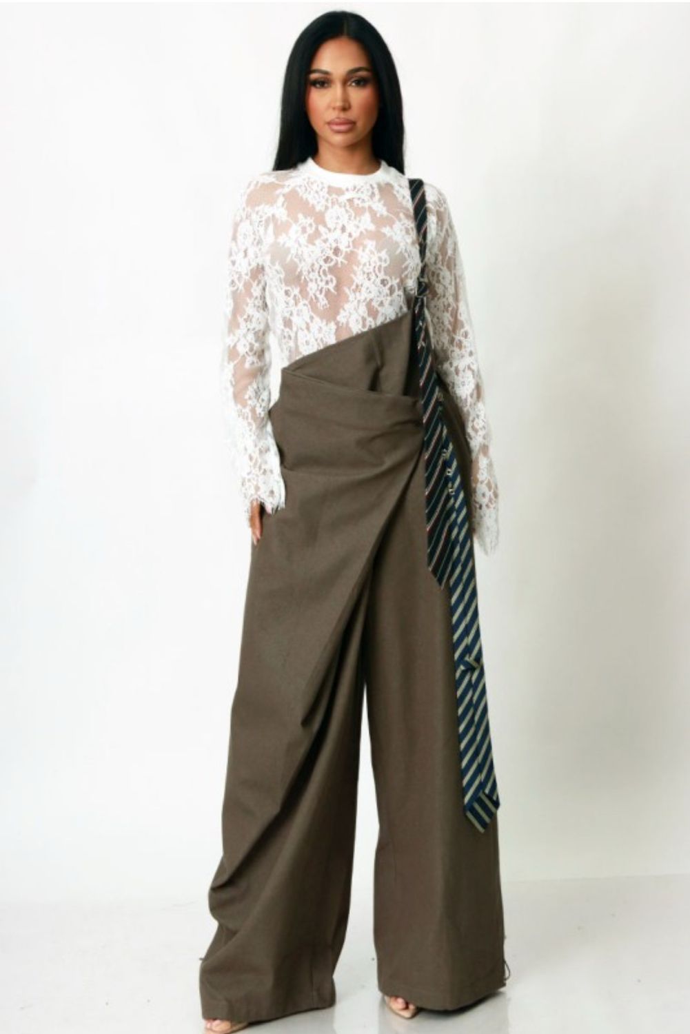 Spice It Up Asymmetrical Drape Overall/Lace Top Set