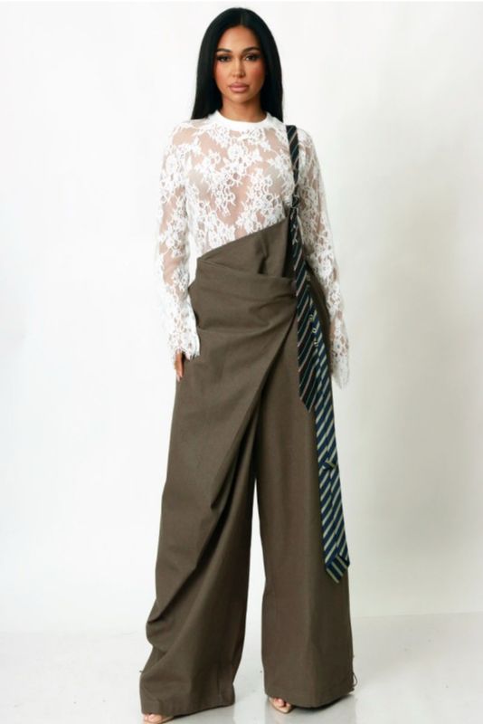 Spice It Up Asymmetrical Drape Overall/Lace Top Set