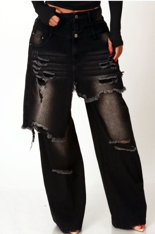 In Distressed Skirt Double Layer Denim-Black