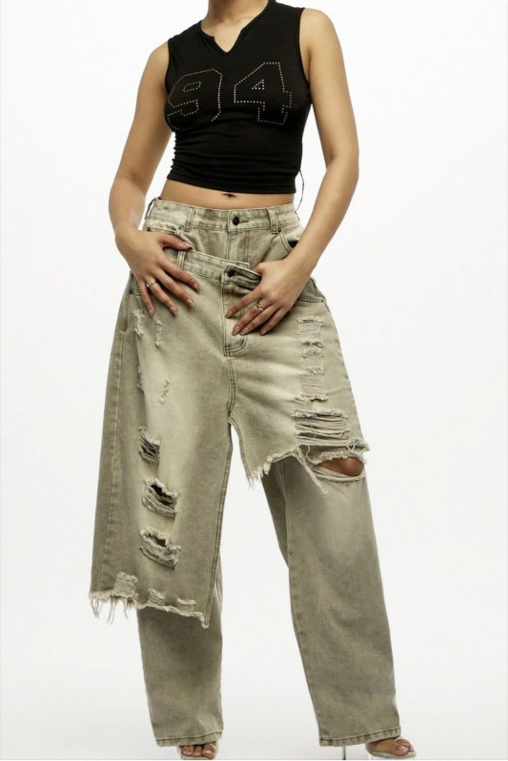 In Distressed Double Layer Denim-Sage