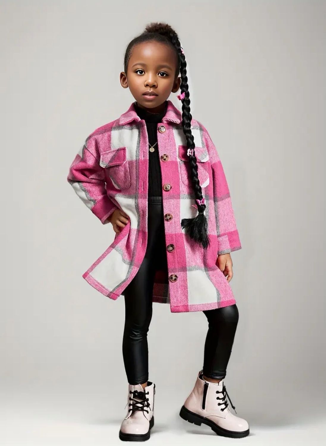 Flannel Plaid Button Collared Long Sleeve-Pink