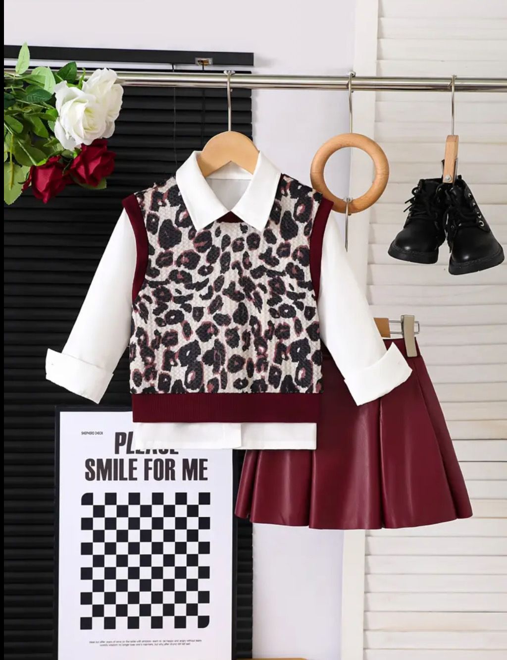 3pcs Girls' Leopard Print Vest, White Collared Blouse & Pleated skirt