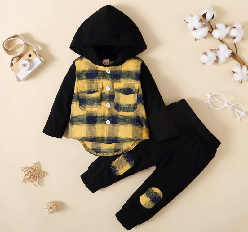 2-piece Baby Boy Plaid Patchwork Hooded Set 2-piece Baby Boy Plaid Patchwork Hooded Set