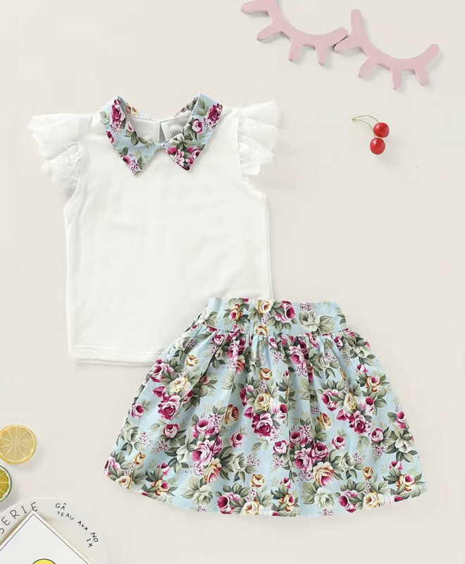 Girls Elegant Fly Sleeve Top & Floral Skirt Set Girls Elegant Fly Sleeve Top & Floral Skirt Set