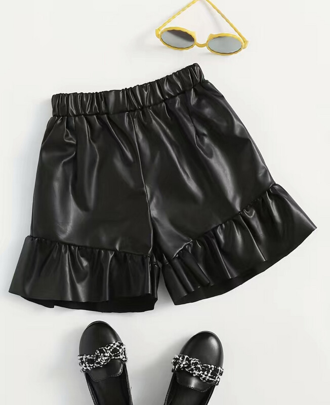 Girls PU Leather Shorts Vintage Slim Fit Frill Hem Girls PU Leather Shorts Vintage Slim Fit Frill Hem